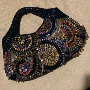 Multicolor Glass Bead encrusted Black small fancy handbag 8"x 5"